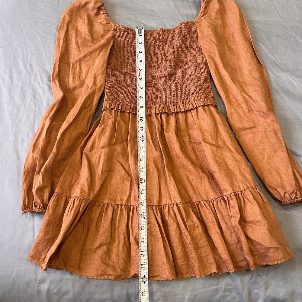 Quince European Linen Smocked Mini Long Sleeve Dress Terracotta Brown XS Peasant - Picture 3 of 8
